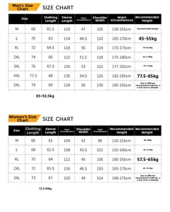 Detailed size chart for waterproof windbreaker showing measurements for men and women