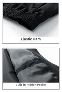Detail view of elastic hem and interior hidden pocket on men's contrast color jacket