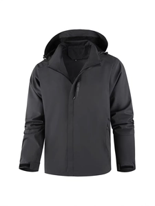 Men's dark grey waterproof outdoor windbreaker jacket with hooded collar and explore print