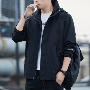 Men's black waterproof outdoor hooded jacket for hiking with windproof fabric