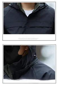 Detail of windproof outdoor jacket featuring a detachable hood and adjustable drawstrings