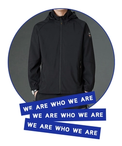 Close-up of windproof black hooded jacket with SPORT sleeve badge and zipper detail