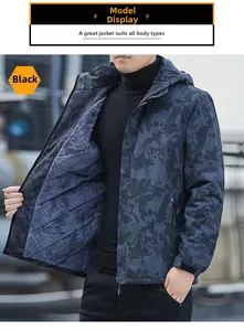 Close-up of men's windproof camo jacket featuring warm grey fleece lining and zipper pocket