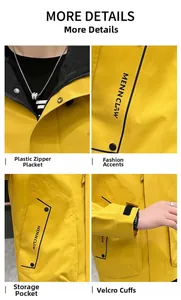Detailed close-up of yellow windproof jacket with zipper pockets and adjustable velcro cuffs