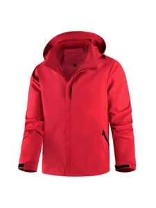 Waterproof red hooded outdoor windbreaker jacket for men with mesh lining and adjustable cuffs