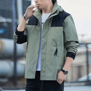 Men's olive green and black waterproof outdoor hiking jacket with an adjustable hood