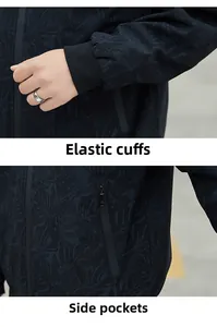 Detail of elastic cuffs and side hidden zipper pocket on a black camo jacket