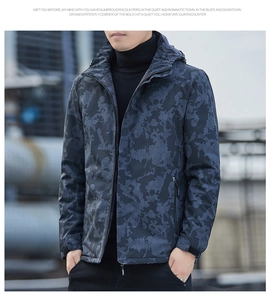 Close-up of windproof camouflage jacket with high collar hood and zipper details