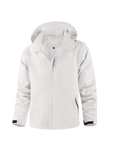 White waterproof outdoor hooded jacket for men with explore text and adjustable cuffs