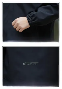 Detail of elastic cuffs and brand letter print on back of windbreaker outdoor jacket