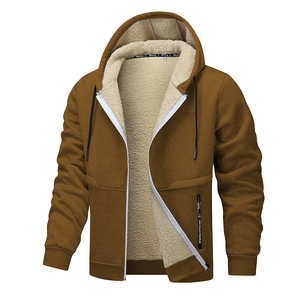 Braune Herren-Kapuzenjacke mit warmem Lammwollfutter und gerippten Ärmelbündchen