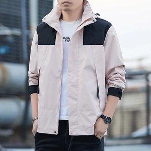 Men's outdoor color-block windproof jacket in pink and black with embroidery detail