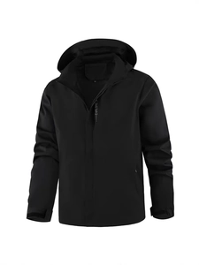 Waterproof outdoor hiking jacket in black with explore lettering and adjustable hood