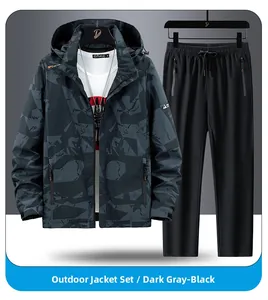 Detail view of dark grey camo hooded jacket and black pants with waterproof zippers