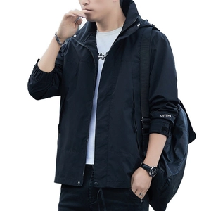 Men's black hooded outdoor jacket with waterproof fabric and outdoor sleeve print