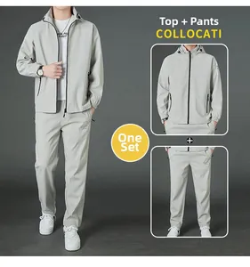 Detail view of light grey men athletic set with zip jacket and elastic waist pants