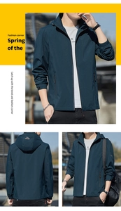 Three-view detail of a dark navy hooded jacket with zip pockets and adjustable cuffs