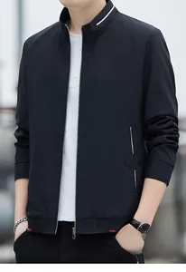 Detail of black men's casual jacket with stand collar and white decorative stripe design