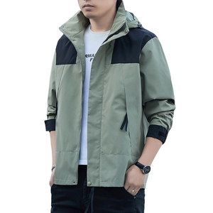 Men's outdoor hooded jacket in olive green and black colorblock with windproof fabric