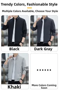 Collage of men's casual stand collar jackets in black, dark gray and khaki colors