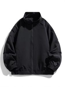 Men Stand Collar Jacket Polyester Windproof Outerwear Casual American Style Zipper Coat Solid Color For Spring Autumn