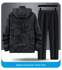 Rear view of men's hooded outdoor set with grey and black geometric camo jacket and pants