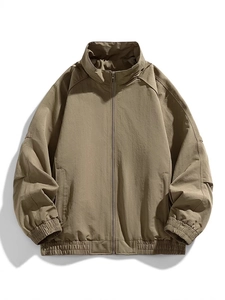 Men's casual khaki windbreaker jacket with stand-up collar and raglan sleeves