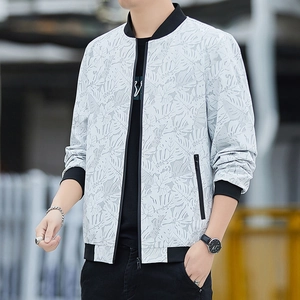 Men's slim fit bomber jacket with leaf print pattern and black ribbed stand collar