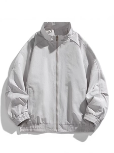 Men's casual light gray stand collar windbreaker jacket with elastic cuffs and hem