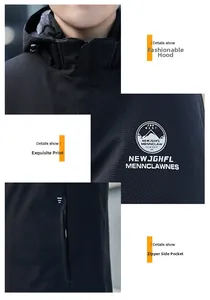 Detail view of the black jacket's mountain logo and warm gray fleece lining texture