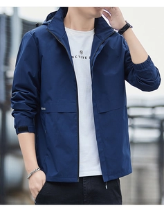 Detailed close-up of adjustable velcro cuffs on navy blue hooded utility jacket