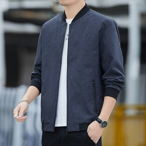 Men's slim fit baseball jacket in dark blue featuring subtle leaf print and ribbed cuffs