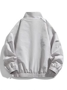 Men's casual contrast stand collar jacket in light grey with a relaxed back view design