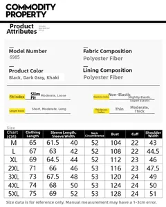 Detailed size chart for men's stand collar jacket featuring fabric and fit specifications