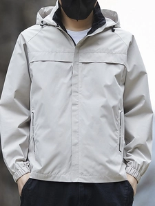 Men's light grey hooded windbreaker outdoor jacket with fashion letter print detail