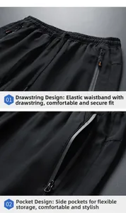 Dettaglio dei pantaloni sportivi neri da uomo con vita elastica e tasca con cerniera