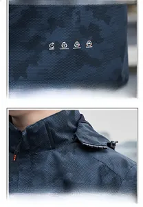 Détails de la veste camouflage bleue avec imprimé au dos et capuche amovible