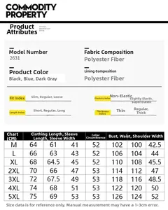 Detailed size chart for men's stand collar jacket including fabric and measurements