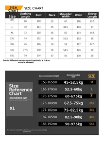 Men outdoor jacket size chart showing detailed measurements from M to 5XL for height and weight