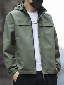 Army green hooded windbreaker jacket for men with fashion text detail and zipper closure