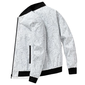 Men's baseball collar jacket with white and gray tropical leaf print and black ribbed trim