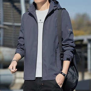 Men's slim fit hooded windbreaker jacket in dark grey-blue for casual outdoor wear