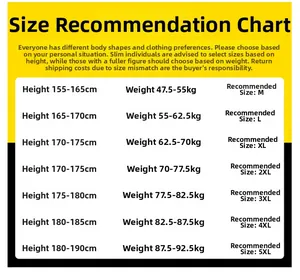 Men's jacket size chart showing height and weight recommendations from M to 5XL