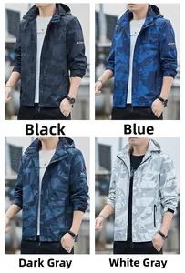 Detailansicht der wasserdichten Herren-Kapuzenjacken in Schwarz, Blau und Grau Camouflage