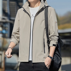 Men's slim fit hooded windbreaker jacket in beige, perfect for outdoor casual wear