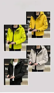 Détail des vestes à capuche pour hommes en vert néon, jaune, beige et noir couleurs