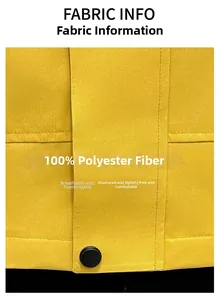 Détail du tissu jaune 100% polyester d'une veste avec couture et bouton noir