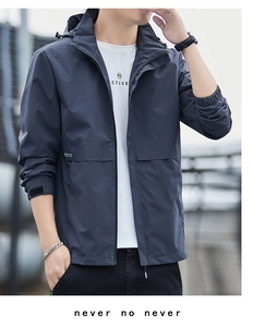 Men's navy blue windproof jacket featuring hooded design and elastic cuffs for outdoor wear