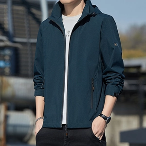 Men's slim fit hooded tactical jacket in navy blue with functional zipper pockets
