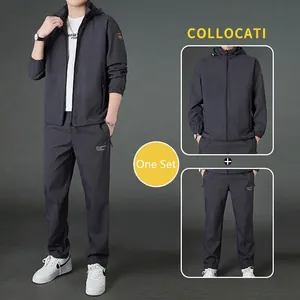 Men's Casual Sportswear Set Polyester Windproof Hooded Zipper Jacket And Pants For Spring Autumn Outdoor Running Athletic